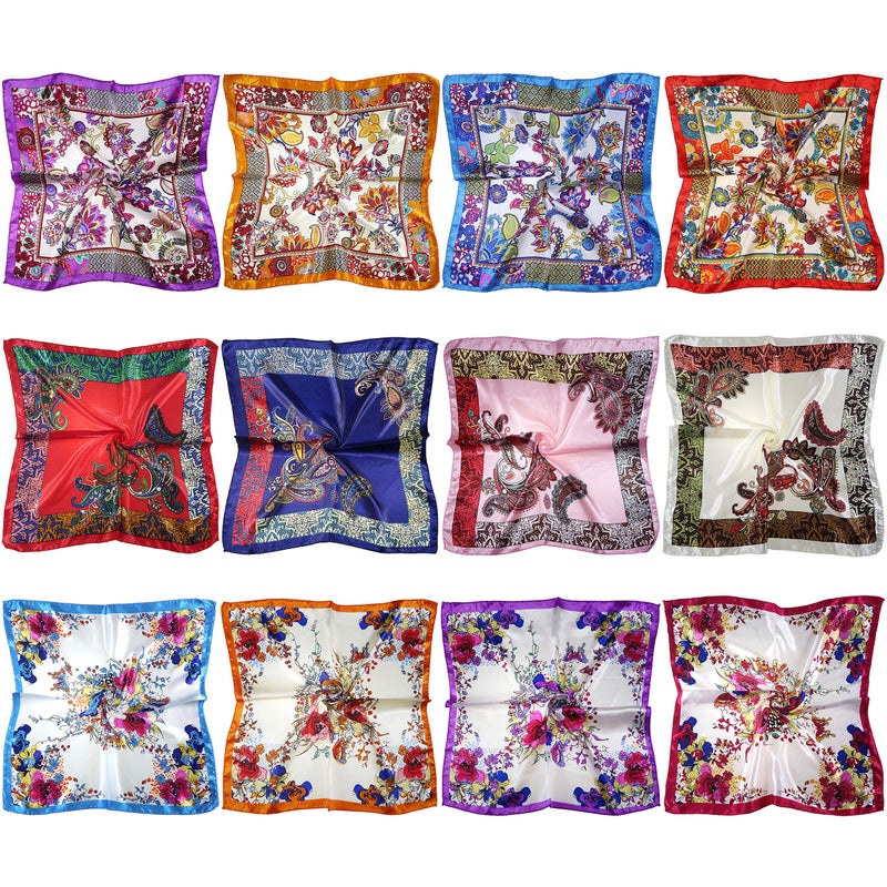 LilMents 12 Mixed Designs Small Square Satin Womens Neck Head Scarf Scarves Bundle Lot Set (Set J) - Image 1